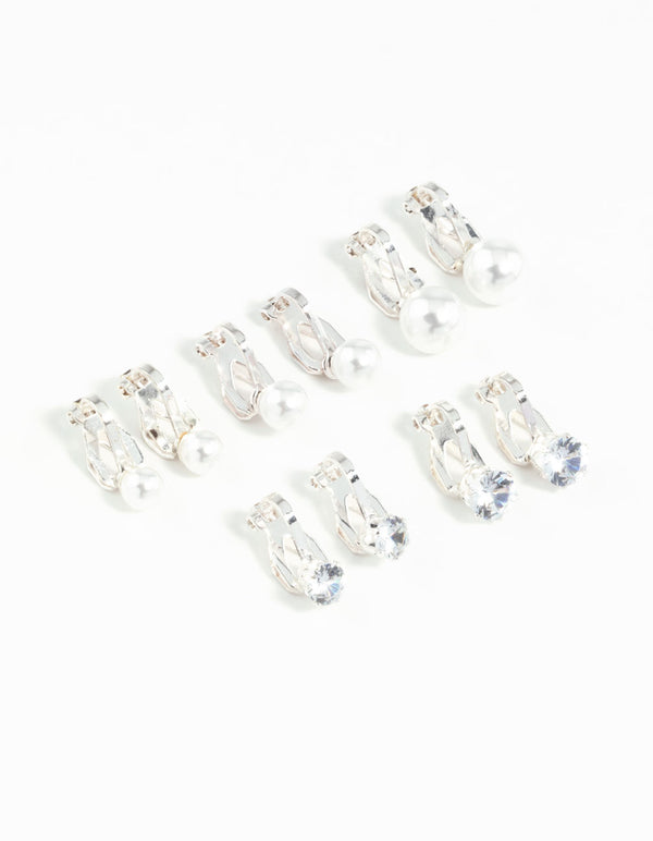 Silver Pearl & Diamante Clip On Earrings 5-Pack