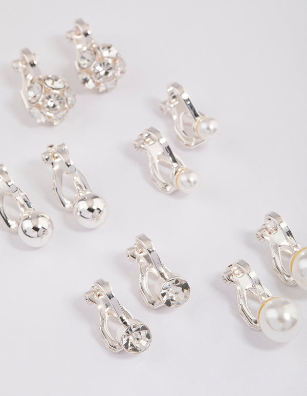 Silver Pearl & Diamante Ball Clip On Earrings 5-Pack