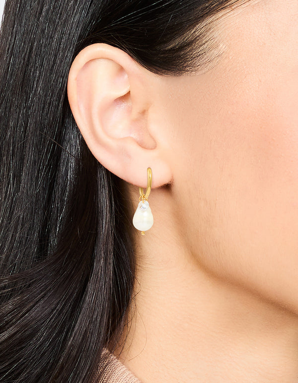 Waterproof Gold Plated Stainless Steel Classic Freshwater Pearl & Cubic Zirconia Huggie Earrings