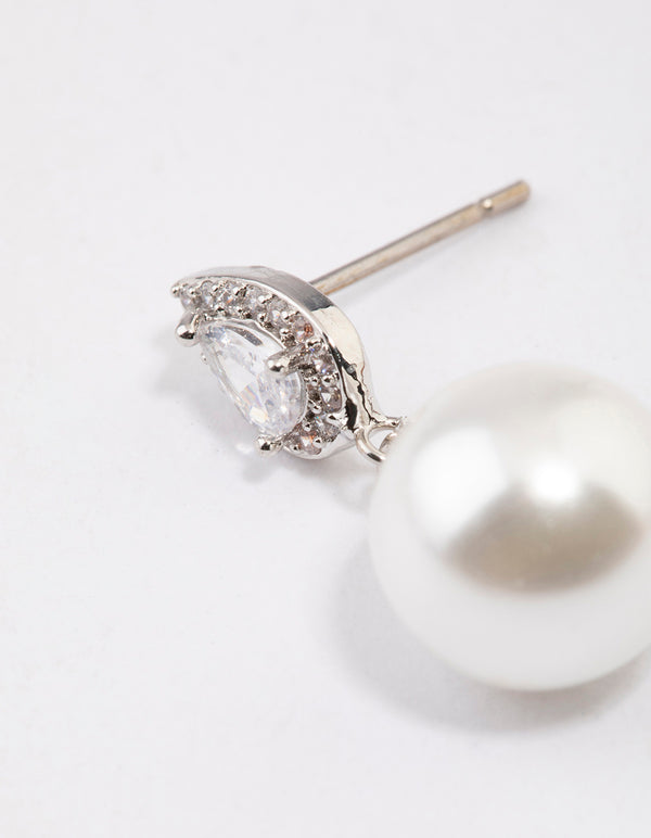 Silver Diamante Pear & Pearl Drop Earrings