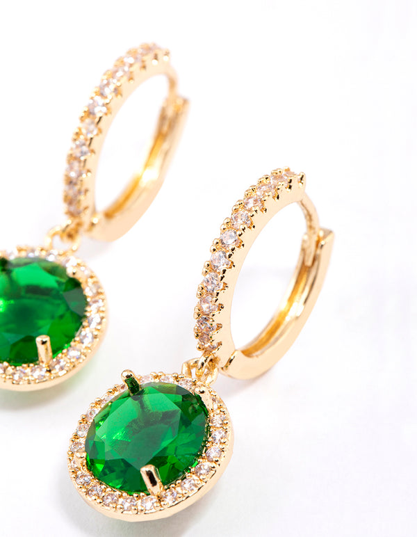 Gold Encrusted Round Emerald Huggie Earrings