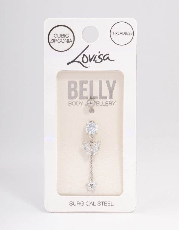 Surgical Steel Cubic Zirconia Butterfly Chain Belly Ring