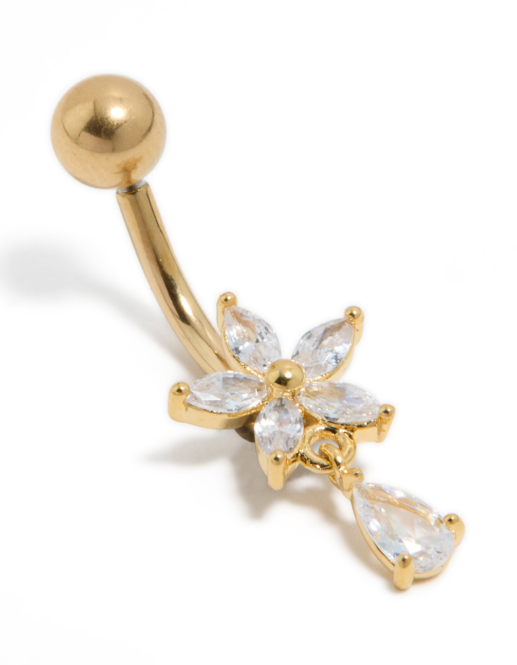 Gold Plated Surgical Steel Cubic Zirconia Flower Pear Threadless Belly Bar