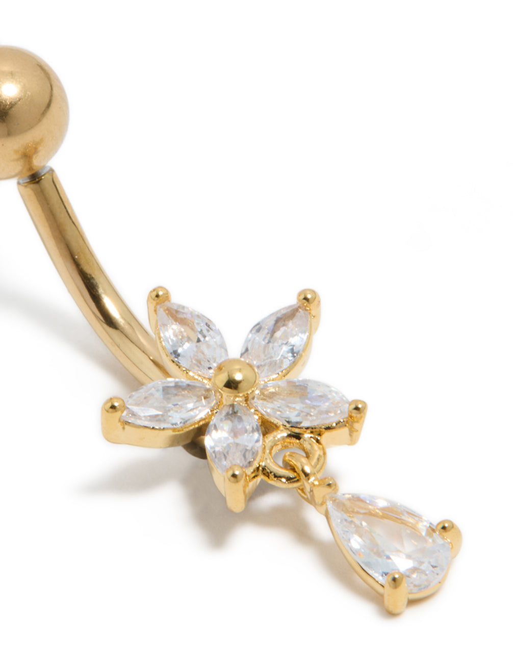 Gold Plated Surgical Steel Cubic Zirconia Flower Pear Threadless Belly Bar