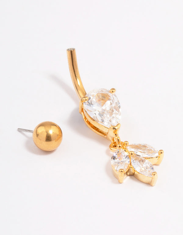 Gold Plated Surgical Steel Cubic Zirconia Pear Marquise Belly Ring