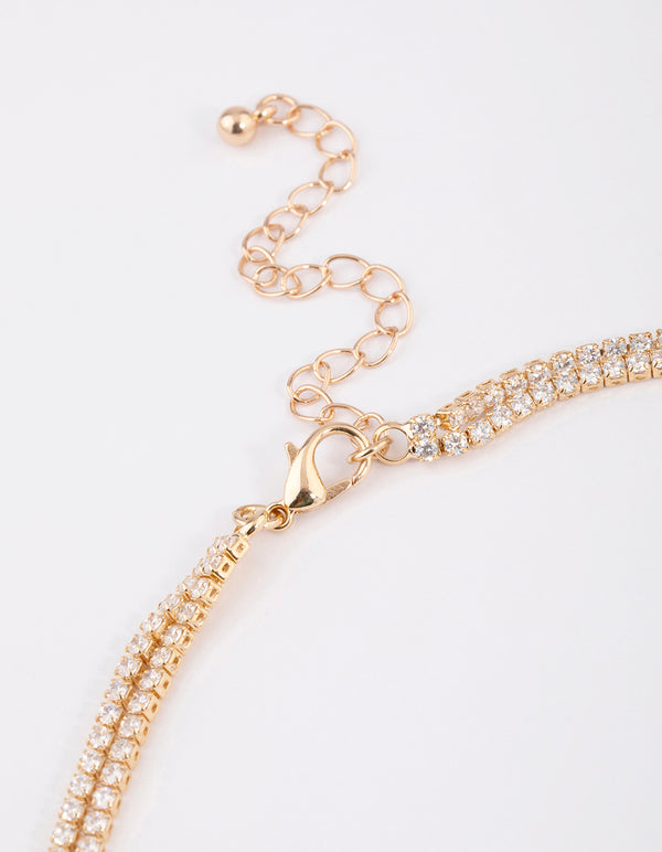 Gold Cubic Zirconia Double Row Split Y-Shaped Necklace