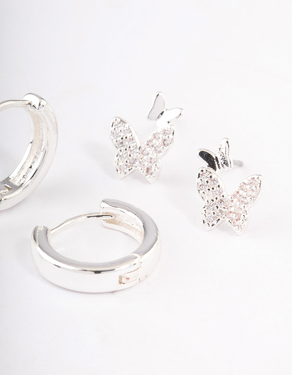 Silver Plated Brass Cubic Zirconia Double Butterfly Earring Pack