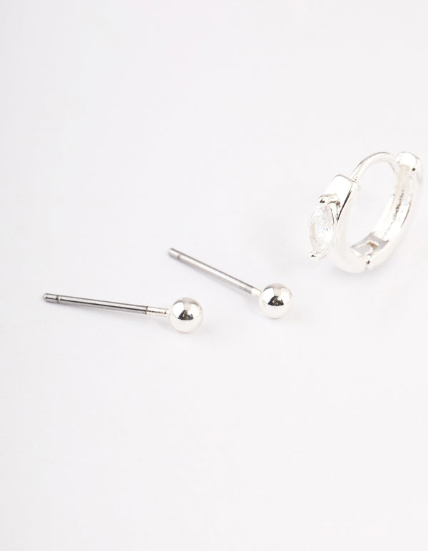 Silver Plated Brass Cubic Zirconia Statement Huggie Earrings Pack