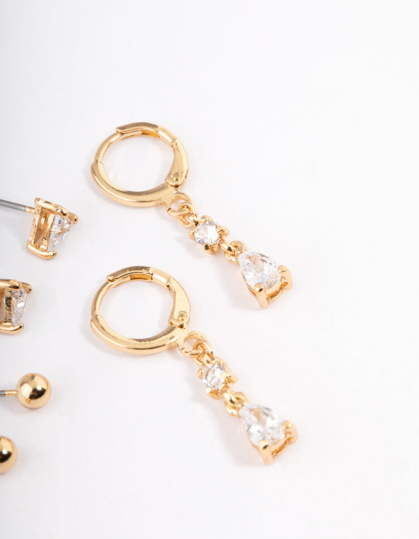 Gold Plated Brass Cubic Zirconia Triangle & Drop Earrings Pack