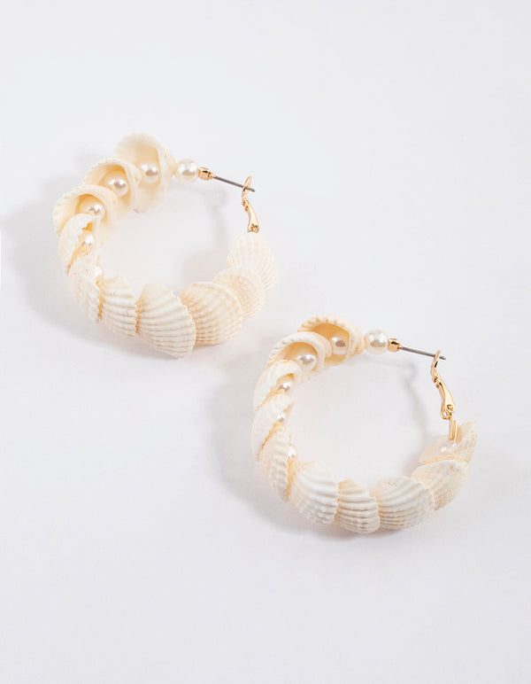 Gold Genuine Shell Nestled Pearl Hoop Earrings