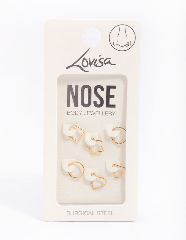 Gold Plated Surgical Steel Geometric Nose Ring 6-Pack