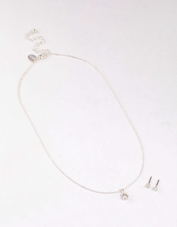 Silver Round Solitaire Necklace & Earring Set