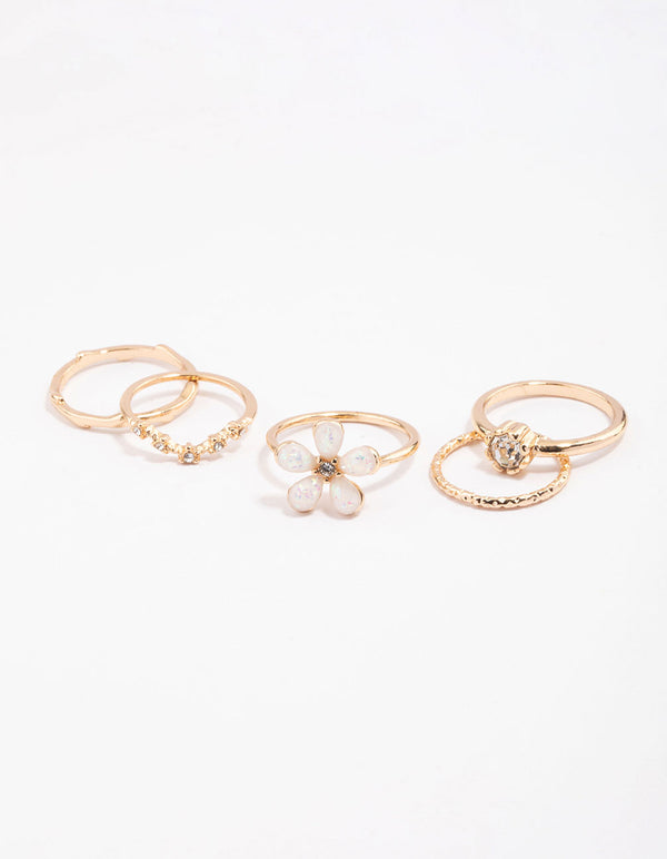 Gold Opal Flower & Diamante Ring Pack
