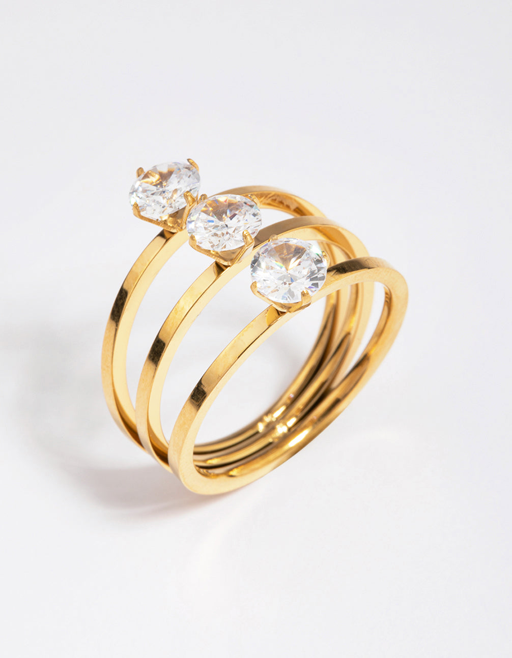 Waterproof Gold Plated Stainless Steel Cubic Zirconia Triple Tier Ring