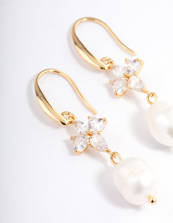 Gold Plated Cubic Zirconia & Freshwater Pearl French Drop Earrings
