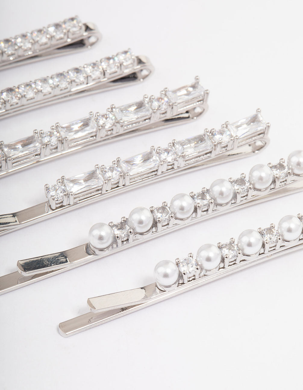 Silver Plated Cubic Zirconia Mixed Stone & Pearl Hair Clips 6-Pack