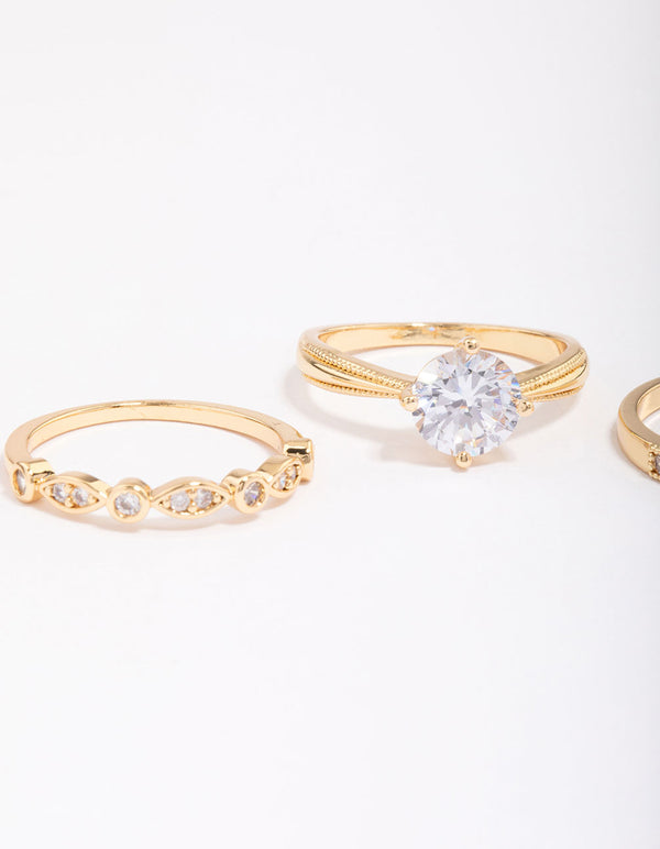 Gold Plated Cubic Zirconia Round Stone Ring Pack