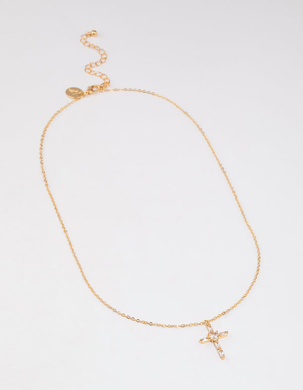 Gold Plated Cubic Zirconia Baguette Cross Necklace