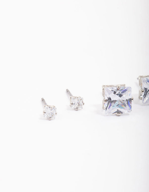 Silver Cubic Zirconia Square Graduated Earrings Pack