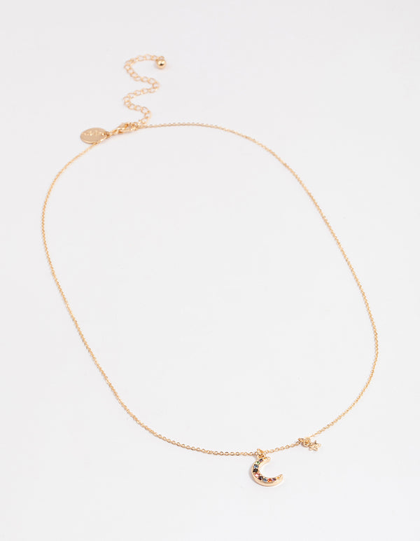 Gold Mixed Diamante Moon Pendant Necklace