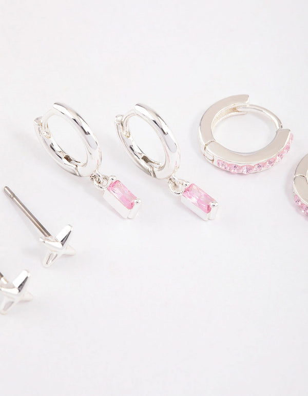 Silver Plated Brass Barbie Baguette Huggie Earrings 6-Pack