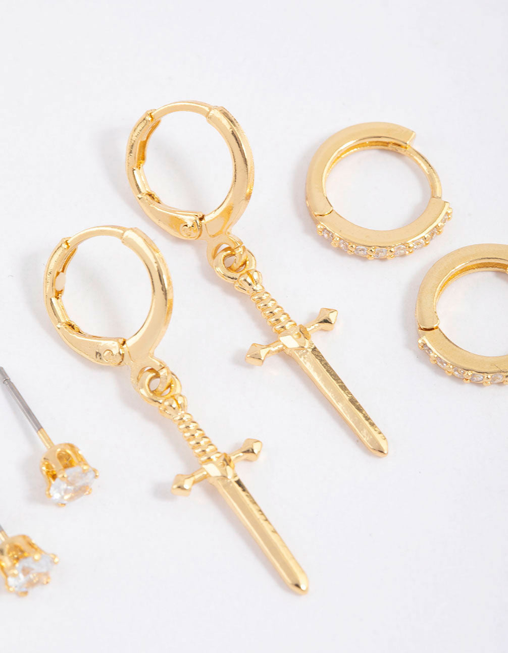 Gold Plated Brass Cubic Zirconia Dagger Huggie Earrings Pack