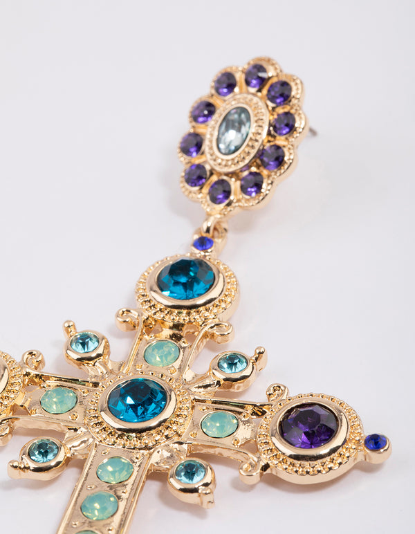 Gold Multi Cross Stone Drop Earrings