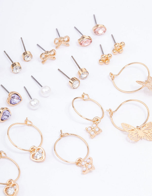 Gold Stone Bow & Floral Earring 12-Pack