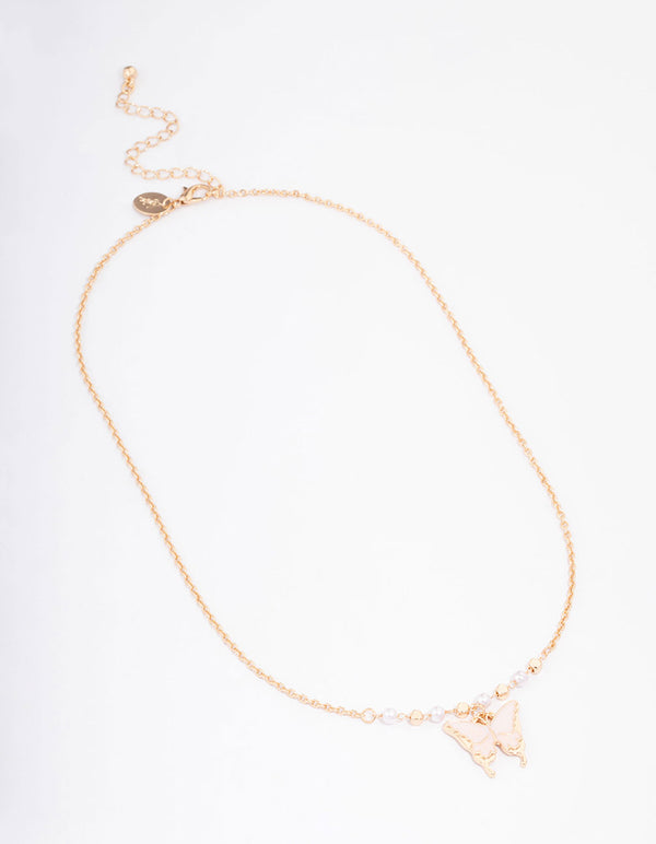 Gold Pearl Butterfly Short Necklace