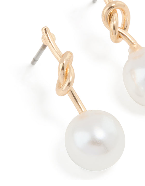 Gold Small Pearly Knotted Drop Earrings
