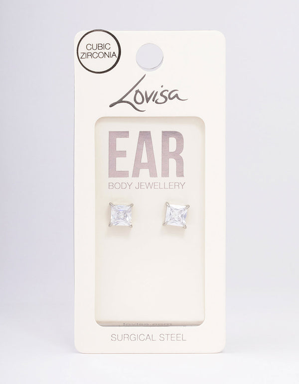 Surgical Steel Cubic Zirconia Cube Stud Earrings