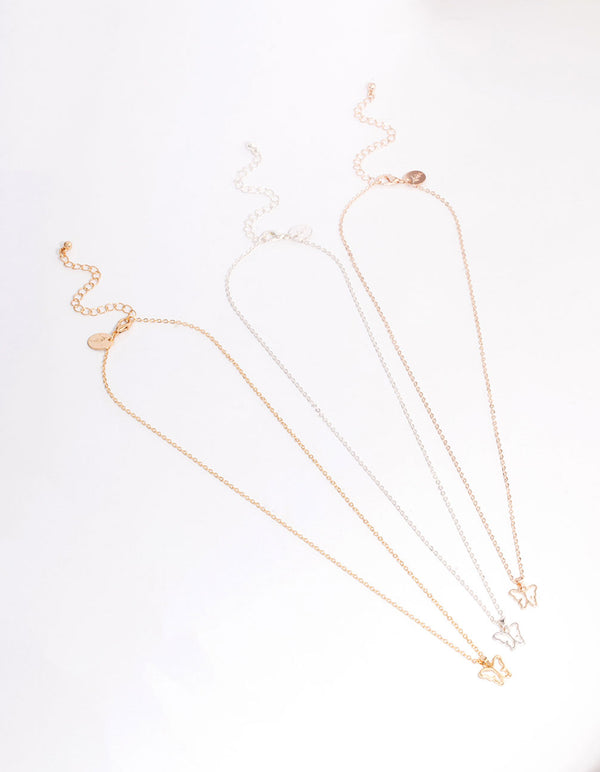 Mixed Metal Couture Butterfly Necklace 3-Pack