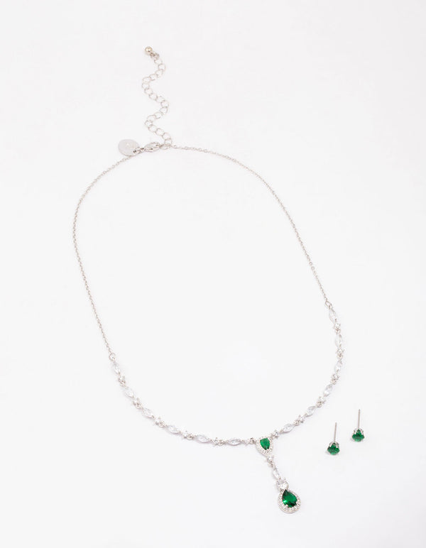 Silver Emerald Oval Pear Jewellery Set