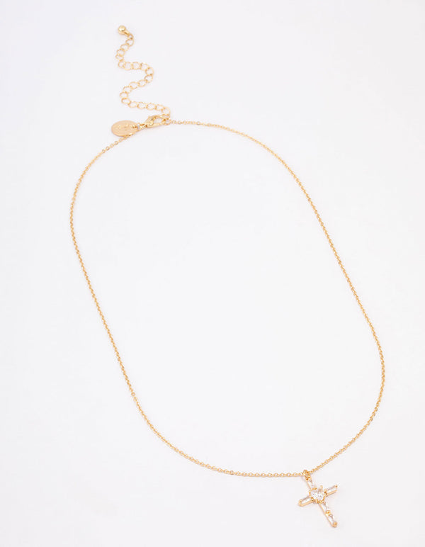 Gold Plated Cubic Zirconia Baguette Cross Short Necklace