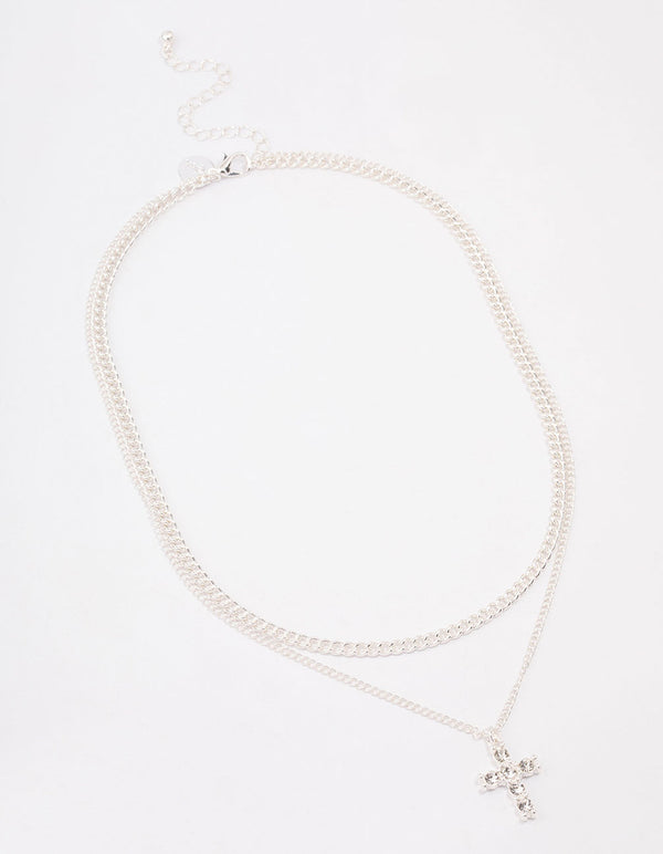 Silver Plated Diamante Cross Layered Curb Necklace