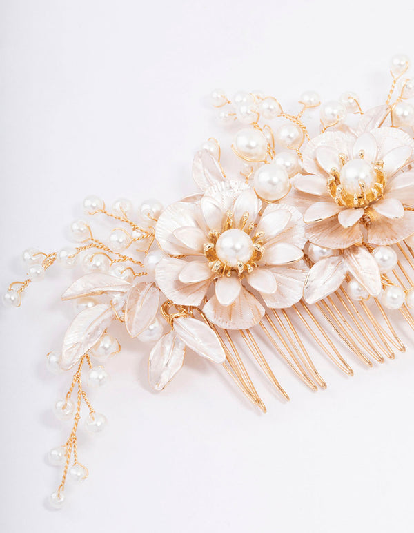 Gold Flower Wire Pearl Hair Comb