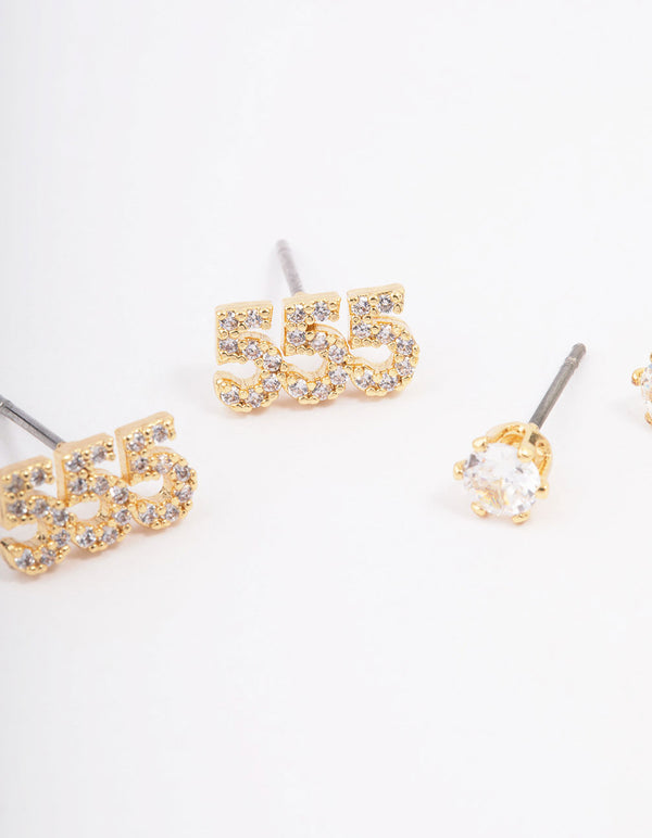 Gold Plated Cubic Zirconia Angel Number 555 Stud Earring Pack