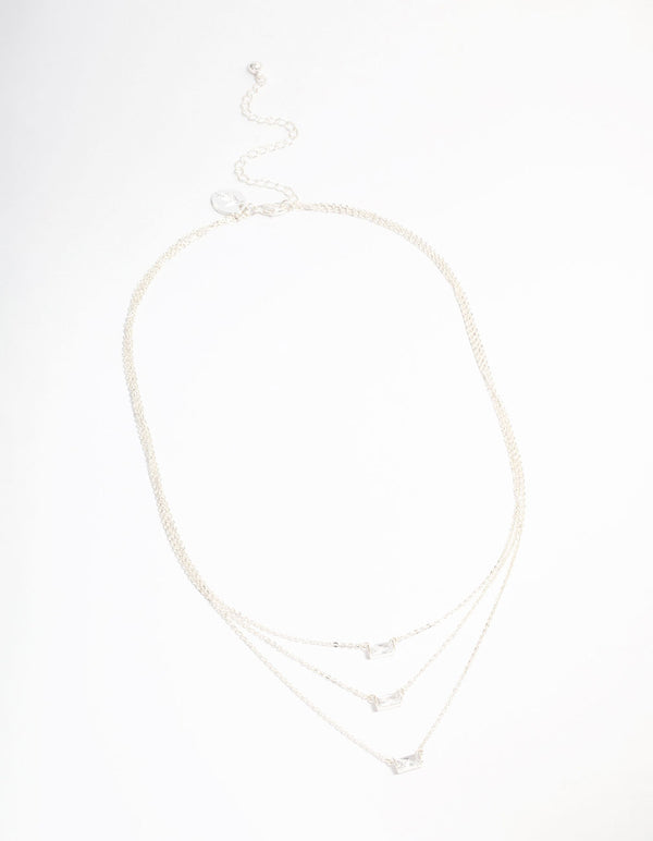 Silver Plated Cubic Zirconia Baguette Layered Necklace