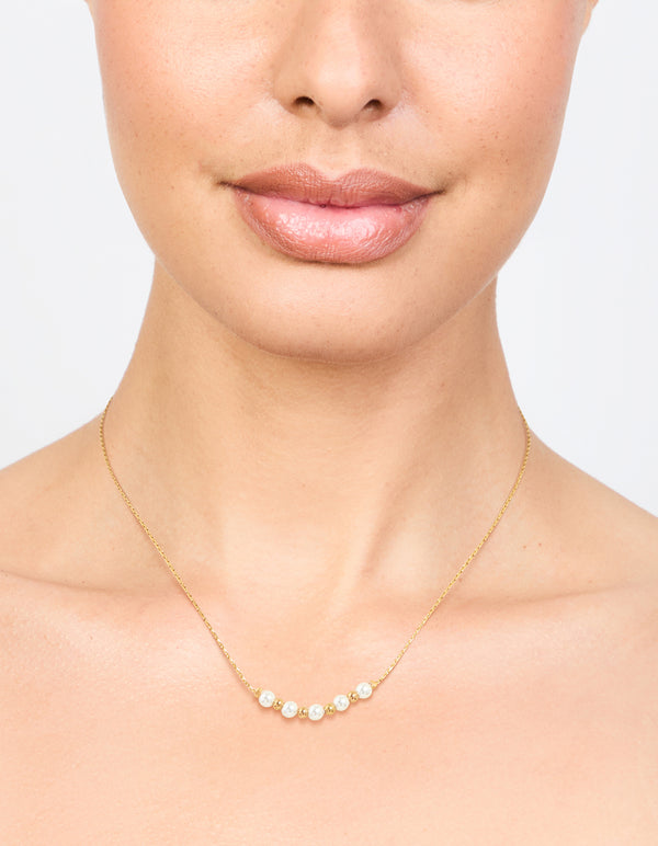 Waterproof Gold Plated Stainless Steel Dainty Pearl & Ball Necklace