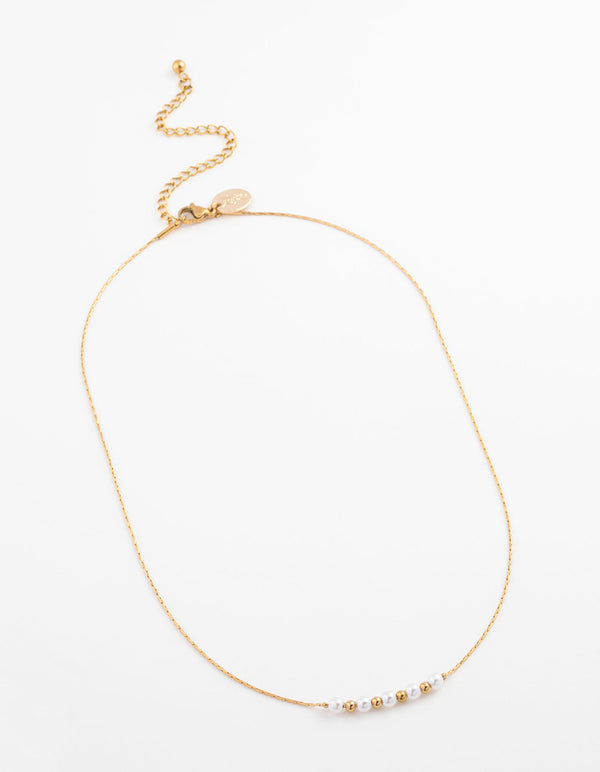 Waterproof Gold Plated Stainless Steel Dainty Pearl & Ball Necklace