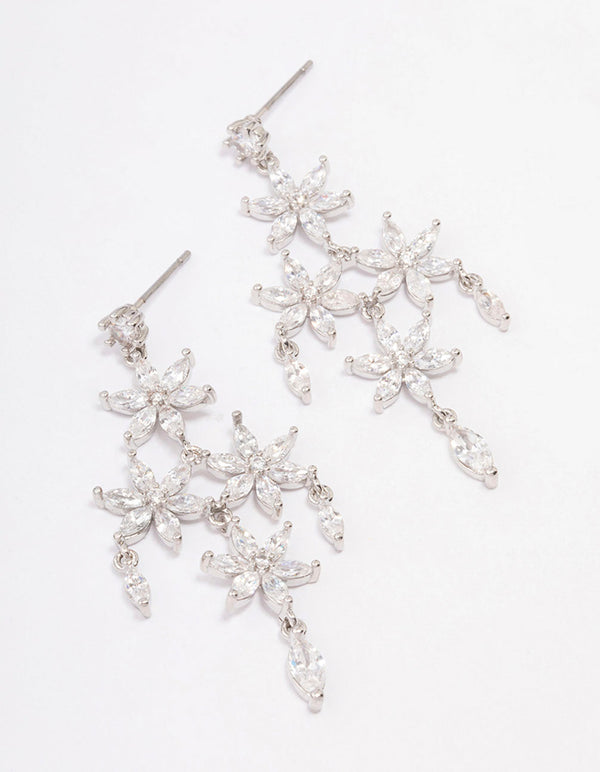 Silver Cubic Zirconia Flower Chandelier Drop Earrings