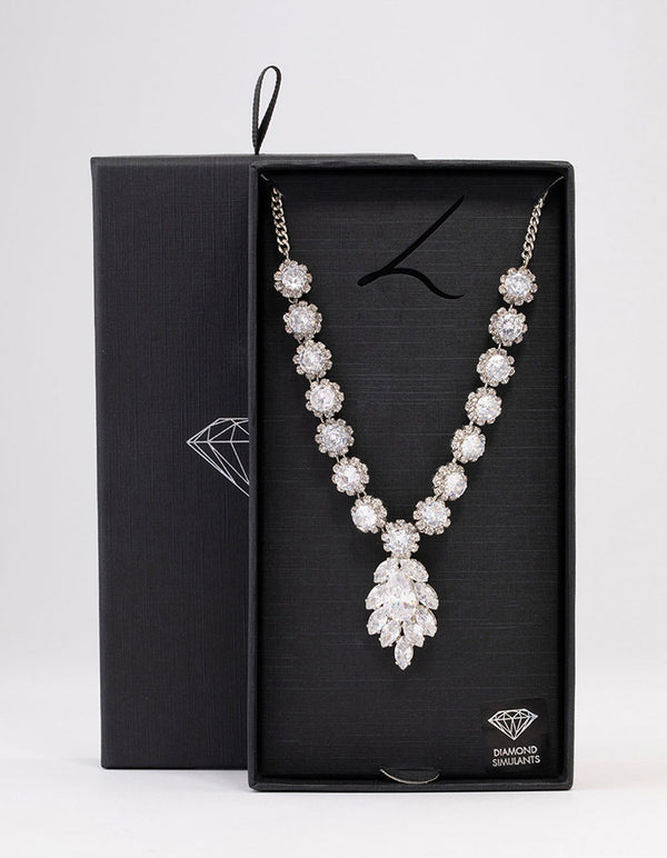 Silver Floral Statement Cubic Zirconia Necklace