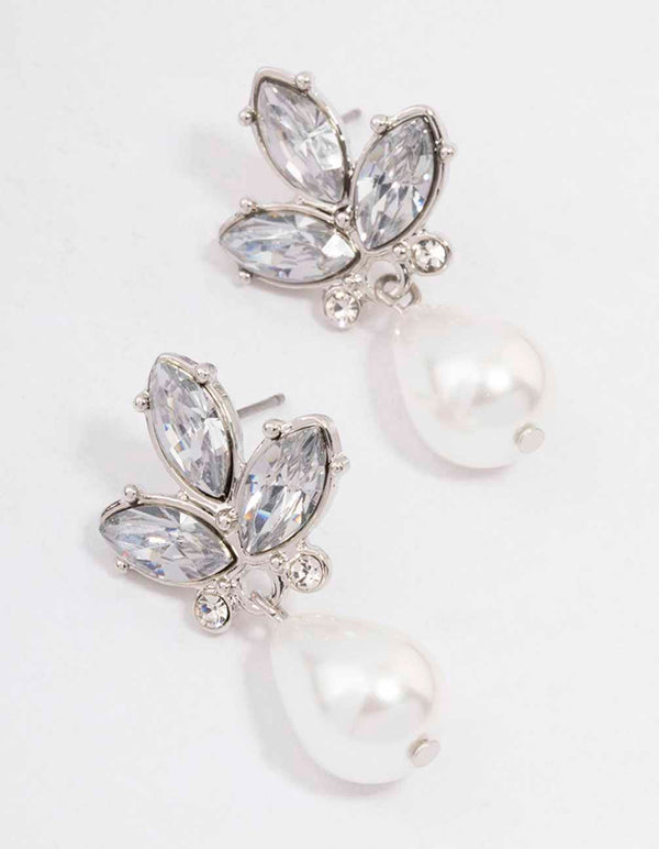 Silver Diamante Teardrop Pearl Drop Earrings