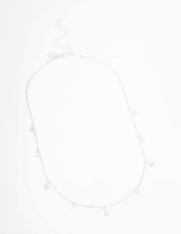 Silver Diamante & Pearl Drop Station Necklace
