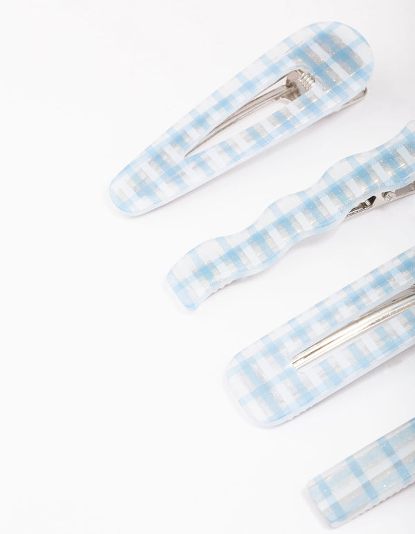 Blue Mixed Check Gingham Hair Clip 4-Pack