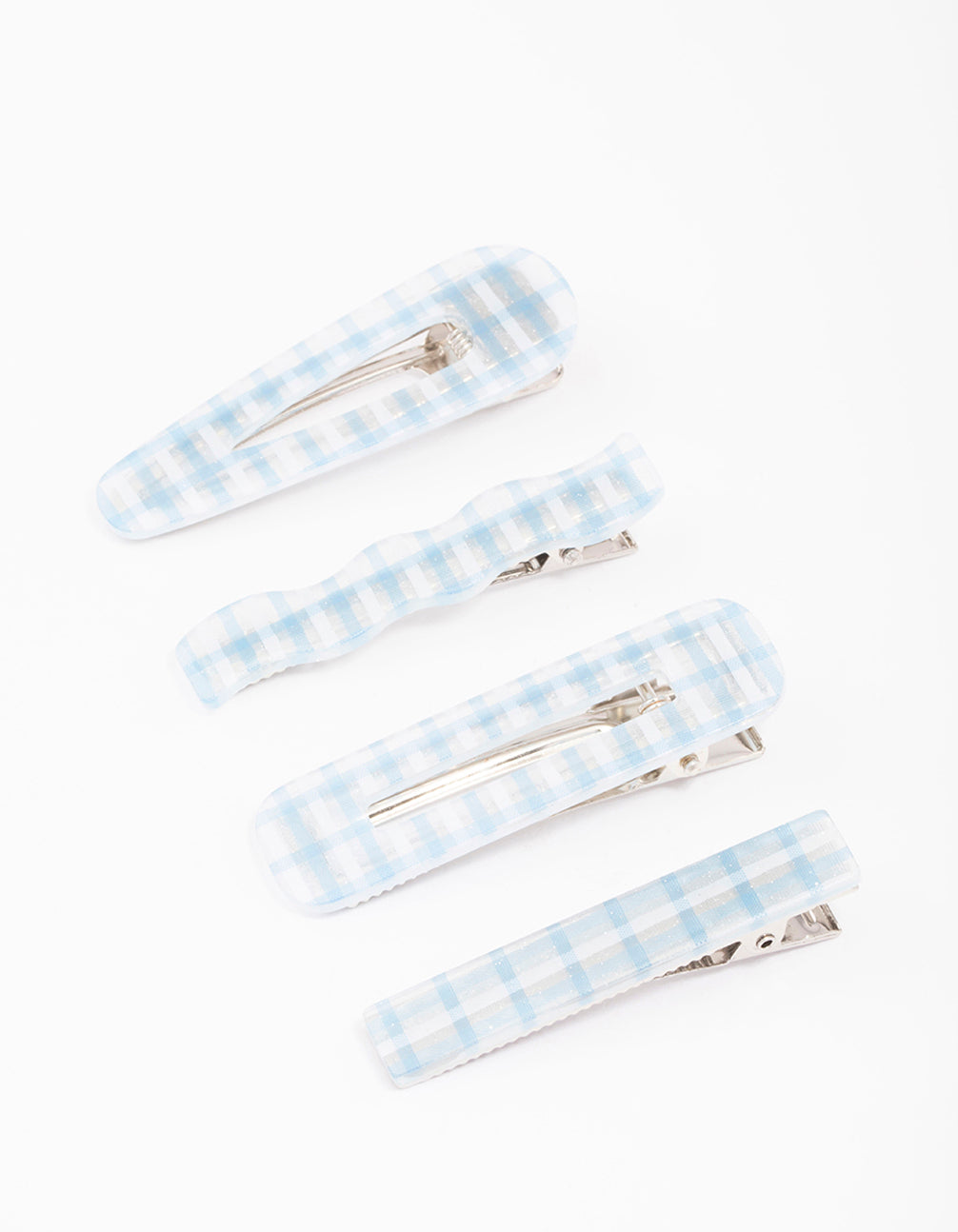 Blue Mixed Check Gingham Hair Clip 4-Pack