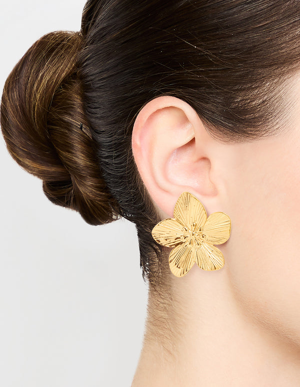 Waterproof Gold Plated Stainless Steel Textured Flower Stud Earrings