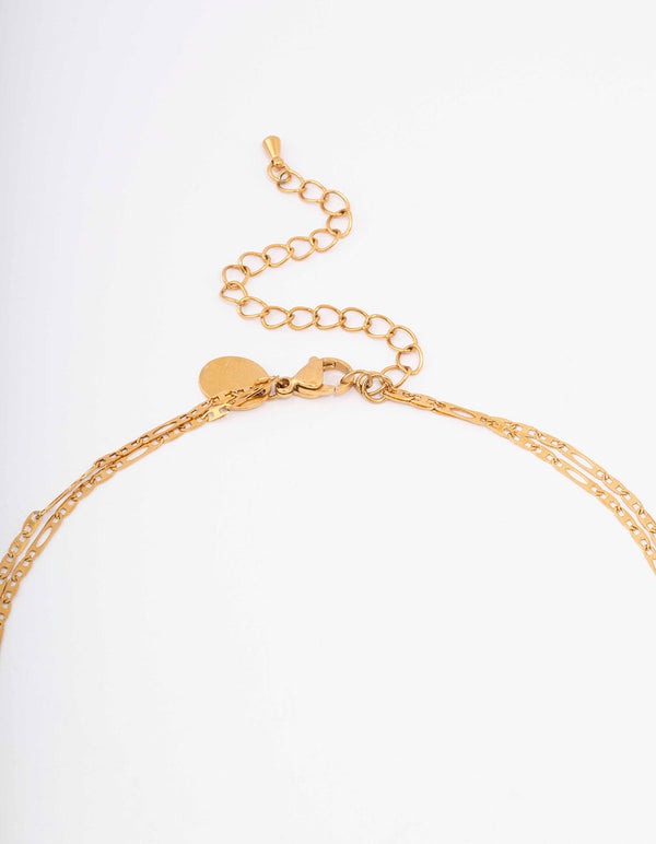 Waterproof Gold Plated Stainless Steel Figaro Double Chain Necklace