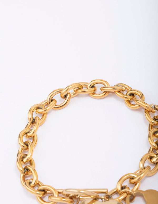 Waterproof Gold Plated Stainless Steel Puffy Heart Charm & Lock Bracelet
