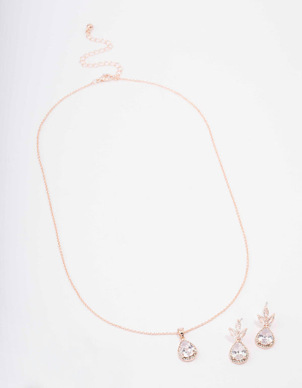 Rose Gold Leaf Pear Halo Necklace & Drop Earring Set